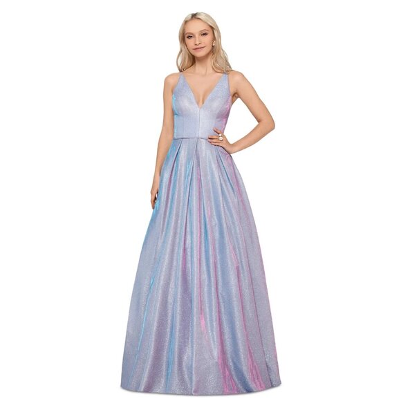 Blondie Nites Juniors' Metallic Plunge-Neck Sleeveless Gown Size 5 - Picture 1 of 3